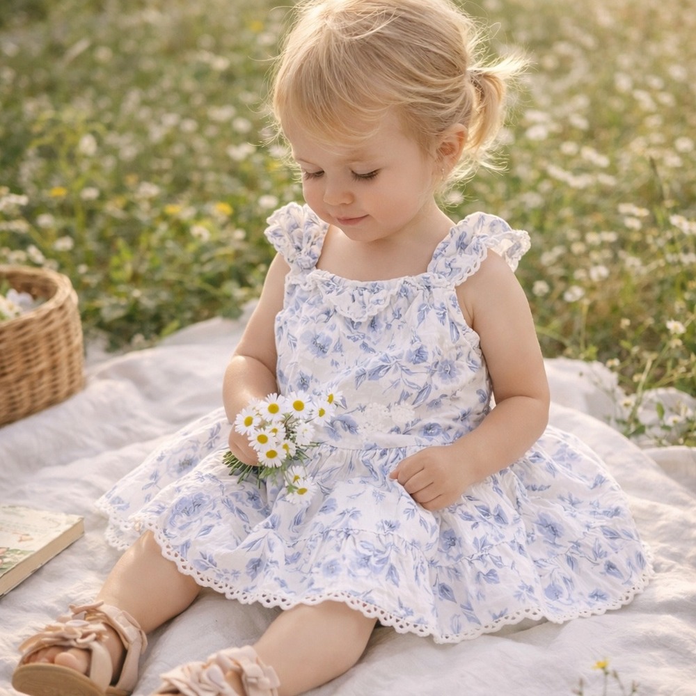 Joie Baby‎ Dress 24M Blue Floral Toile Cotton Ruffle Summer EUC